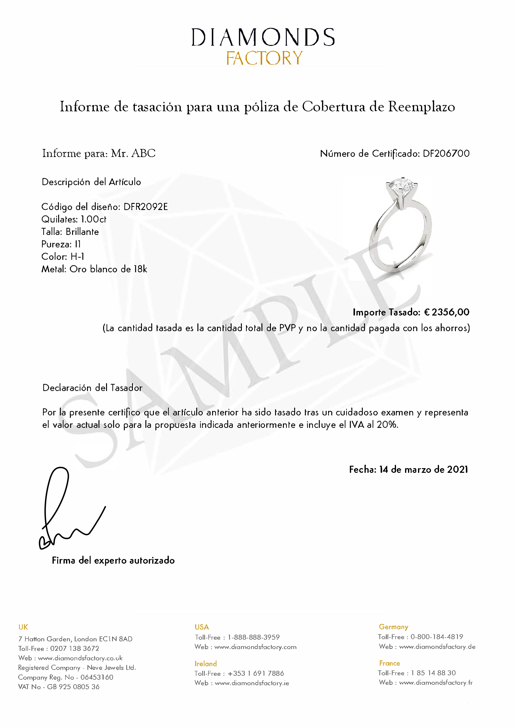 Valuation Certificate